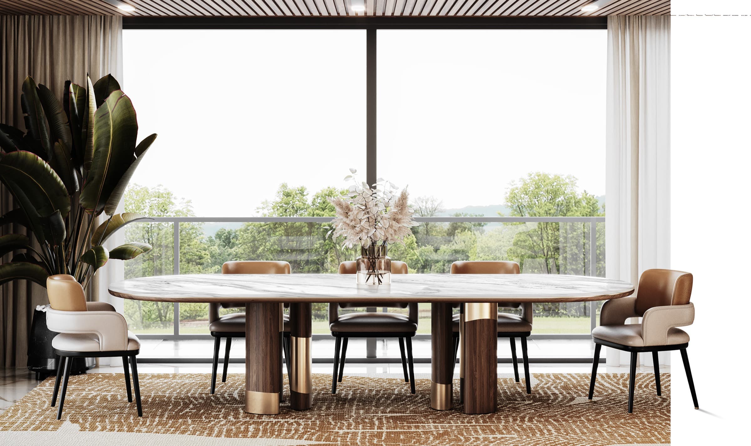 Manila dining room — an oval white-marble table on faceted walnut-and-gold bases surrounded by two-tone leather armchairs