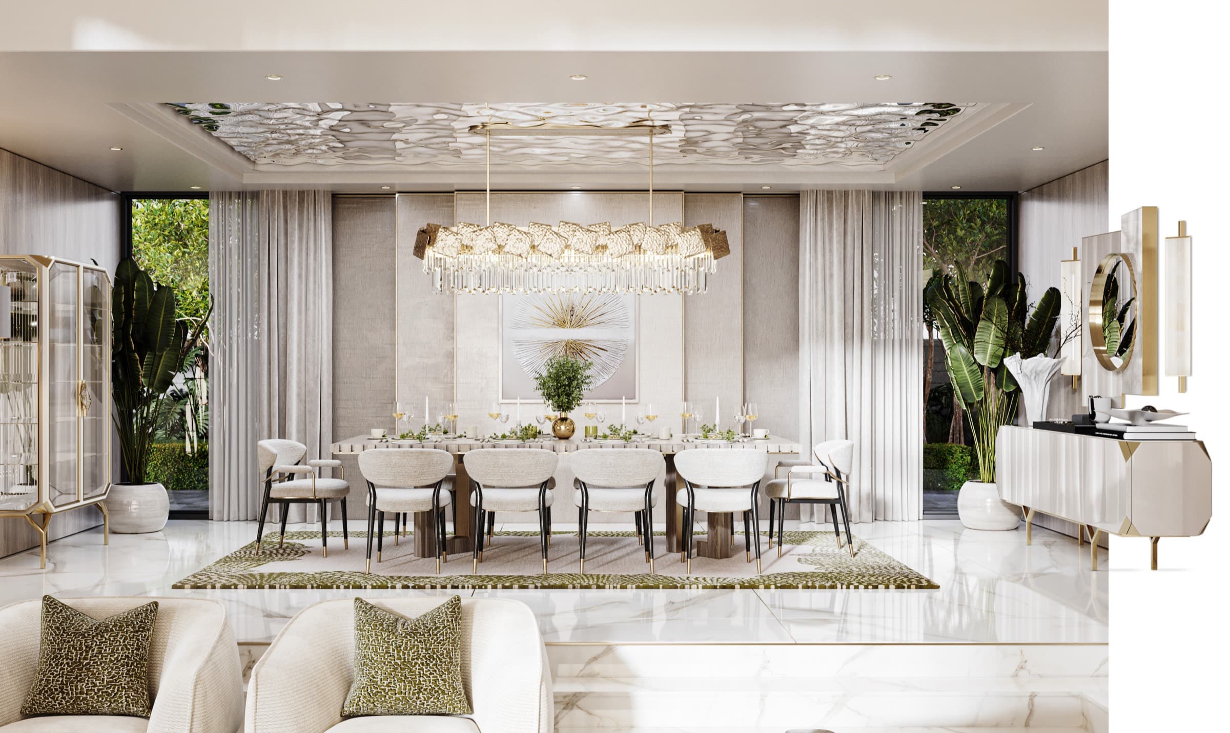 Brasília dining room — a long table for ten beneath a linear crystal chandelier with glass display cabinets and a gold-legged sideboard