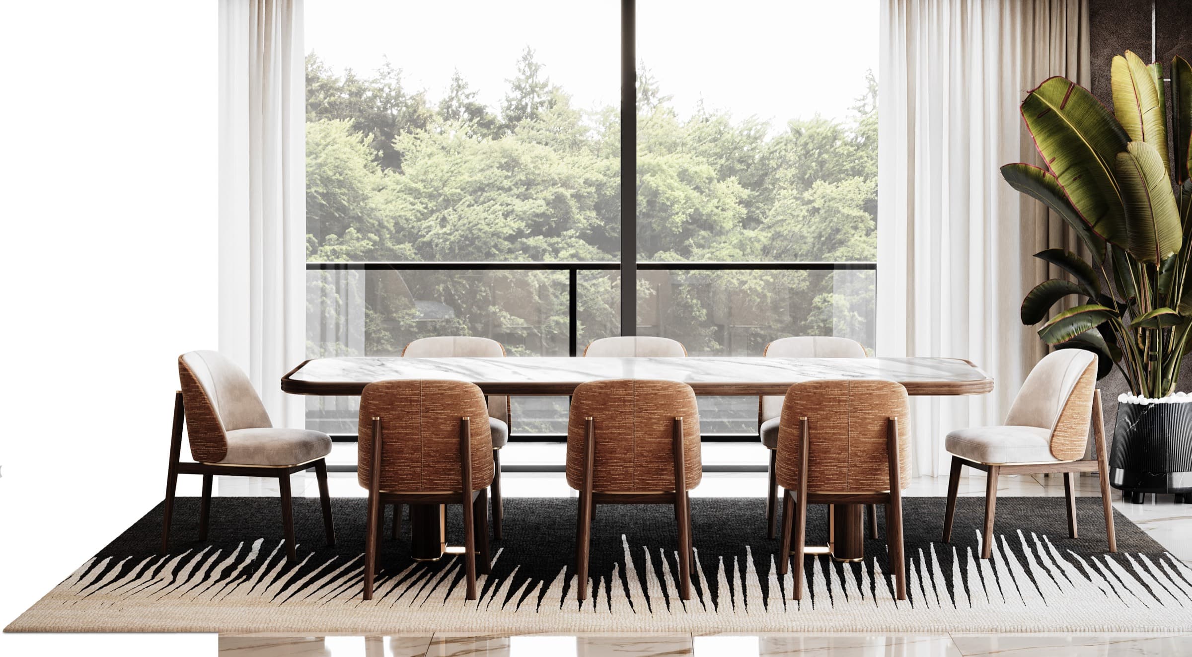 Kingston dining room — a pearl-marble oval table on a wood base with mixed cognac bouclé and cream velvet chairs on a flame-stitch rug