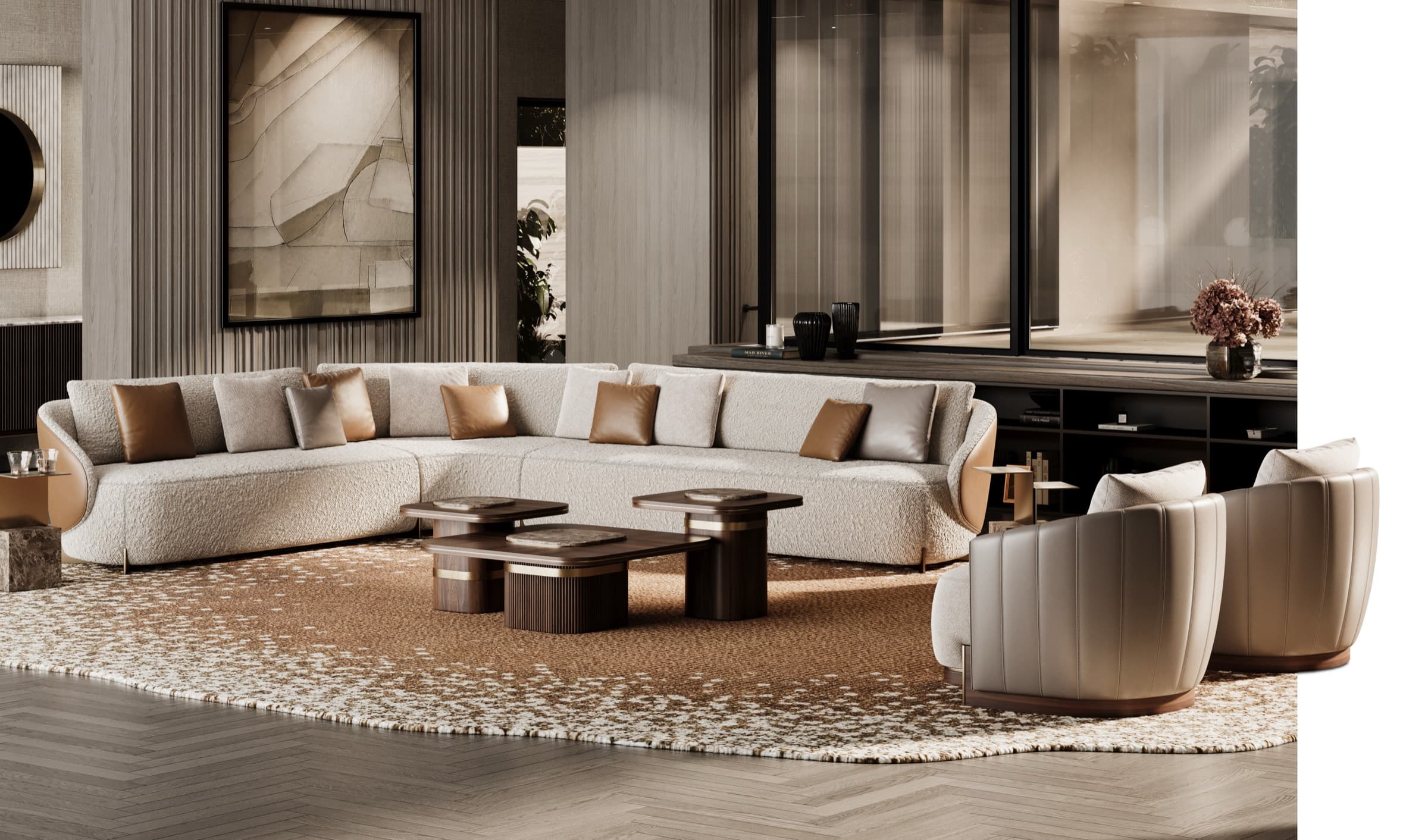 Lisbon living room — a curved cream bouclé sectional with channel-tufted leather swivel chairs and stacked sculptural coffee tables on herringbone floors