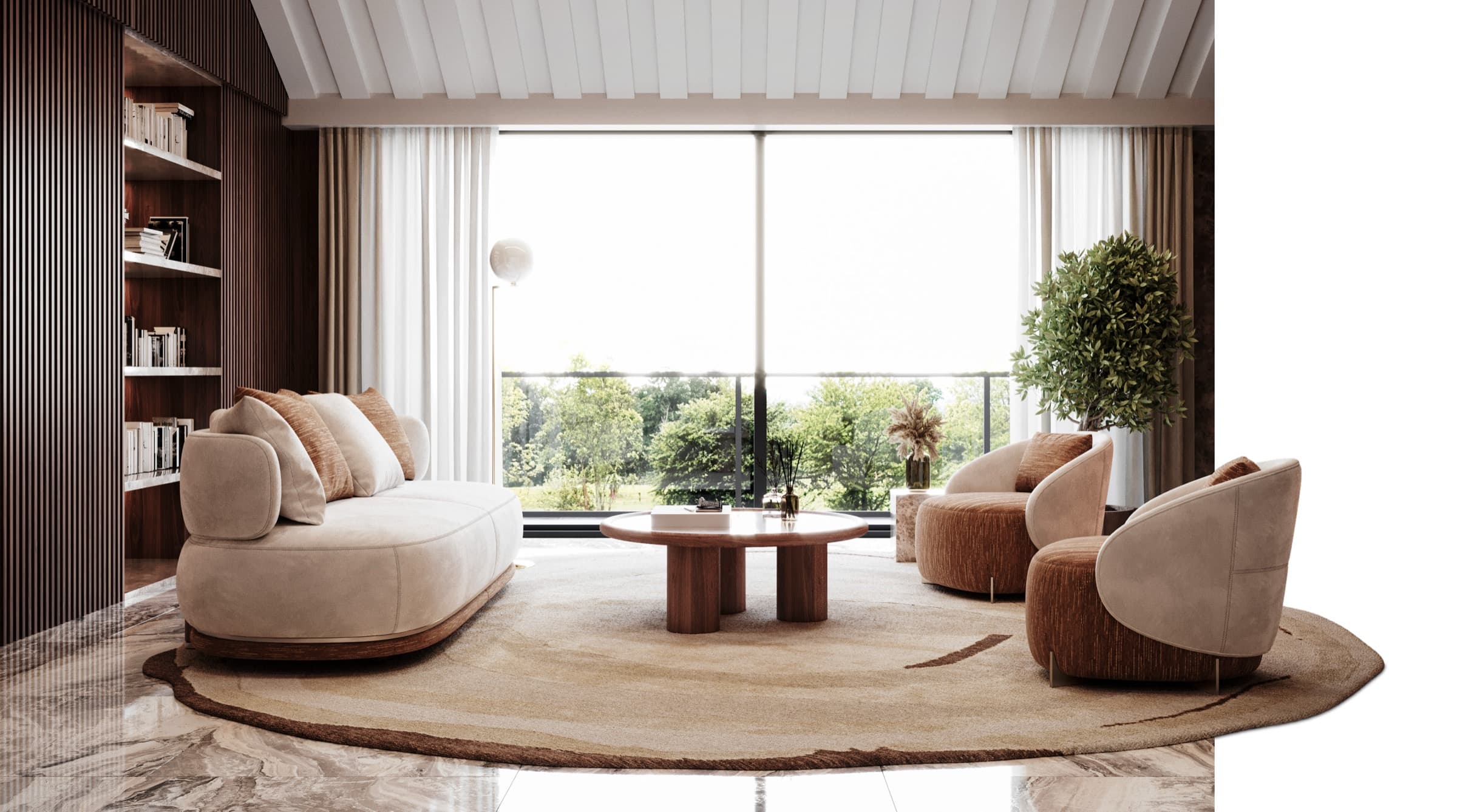 Manila living room — a low curved cream sofa and bouclé swivel chairs on a sand-toned rug before a ribbed walnut bookshelf wall