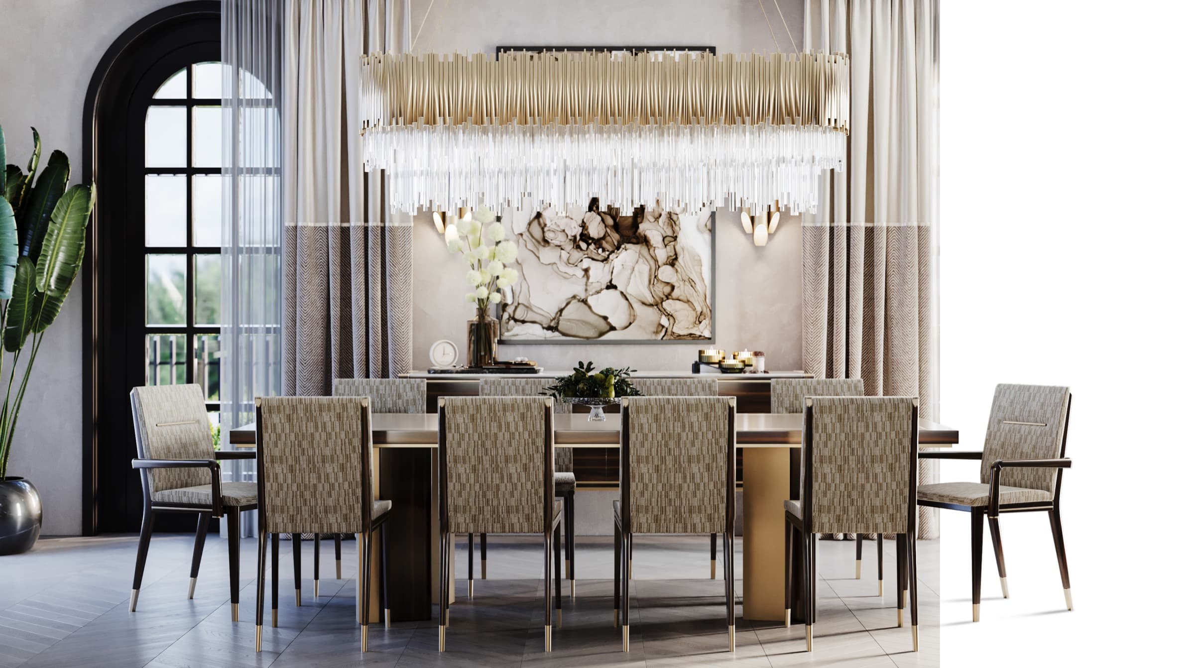 Sienna dining room — a long wood-and-brass table with patterned upholstered chairs beneath a linear crystal chandelier