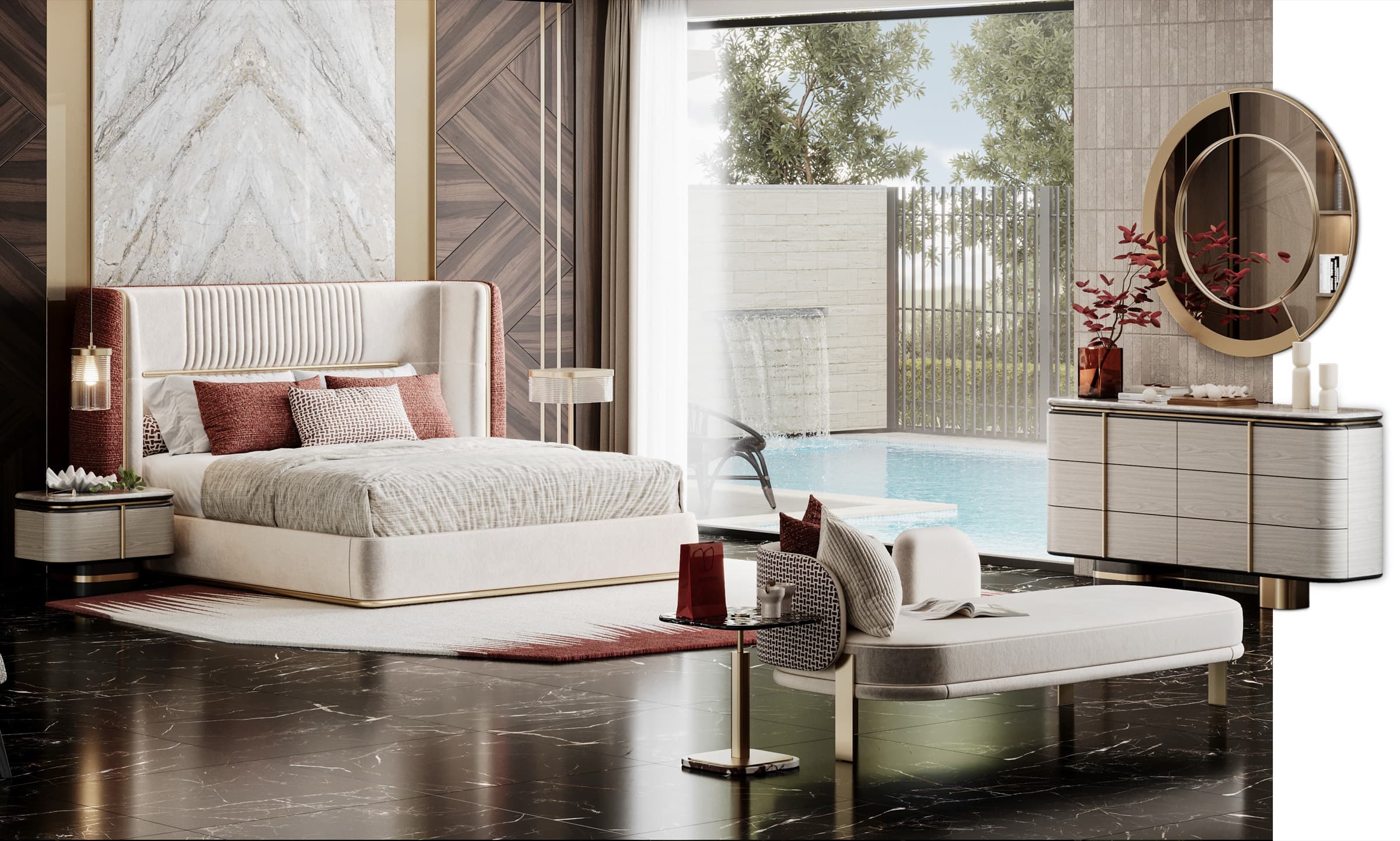 Tropea bedroom — an upholstered cream bed with red piping on a plinth base, rounded gloss nightstands and a curved brass-trimmed dresser