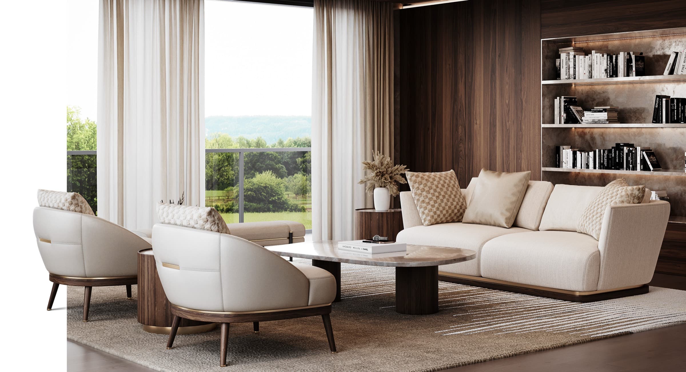 Valletta living room — a cream sofa on a curved walnut base with leather swivel chairs and an oval travertine table before backlit floating shelves