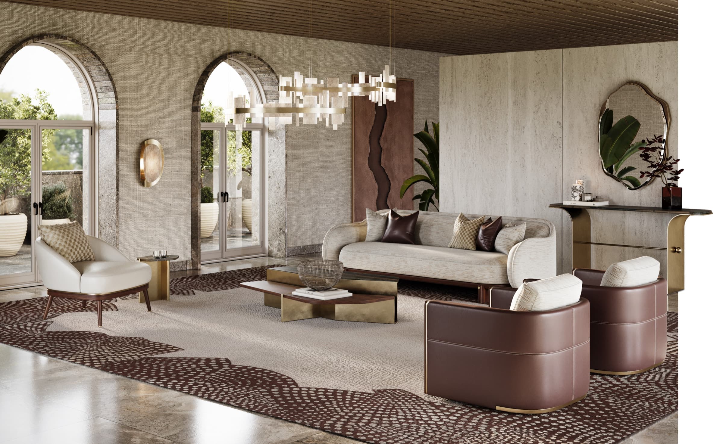 The Elbra Venice Collection living room — travertine, oxblood leather and brass